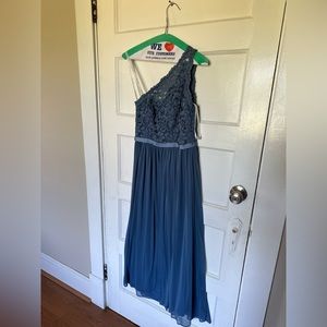 David’s Bridal blue one-shoulder bridesmaid dress